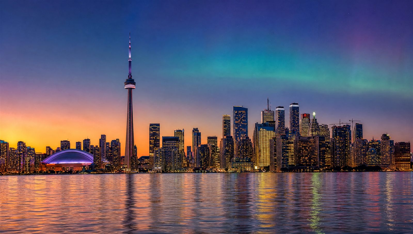 Toronto skyline at dusk with the CN Tower