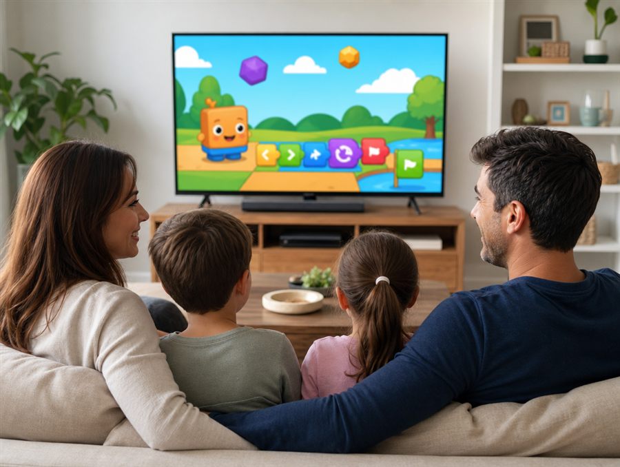 Family watching kids programming together at home