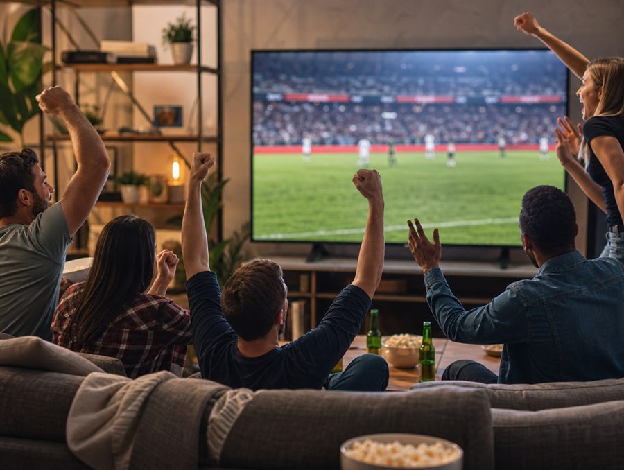 Sports fans watching a live game on a big screen